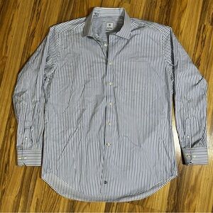 David Donahue Mens Dress Shirt Button Up Long Sleeve Blue White Stripes Size XL